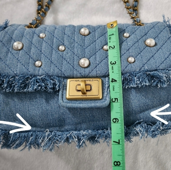 KARL LAGERFELD Agyness Quilted Pearl Chain Fringe Edge Denim Shoulder Bag - Picture 13 of 13